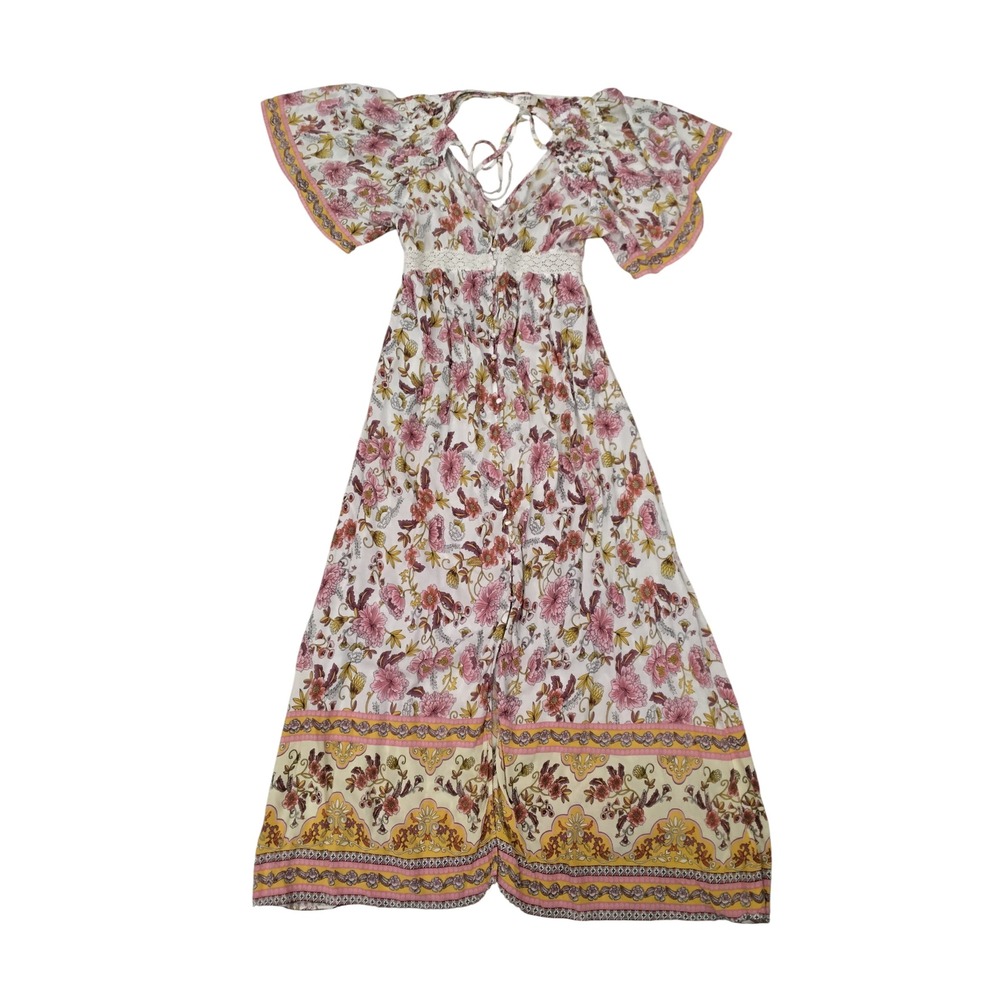 Umgee USA Floral Maxi Dress Flutter‎ Sleeve Lace Detail Back Tie White Pink M